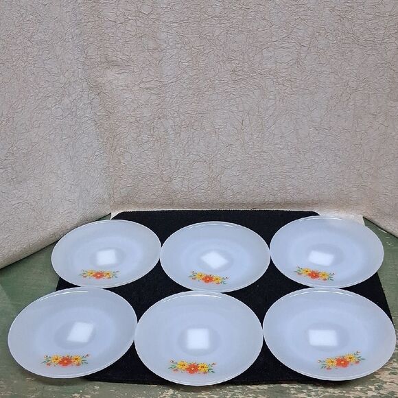 Fire King Saucer Milk Glass Cosmos Orange Yellow Daisy Pattern - Picture 1 of 8